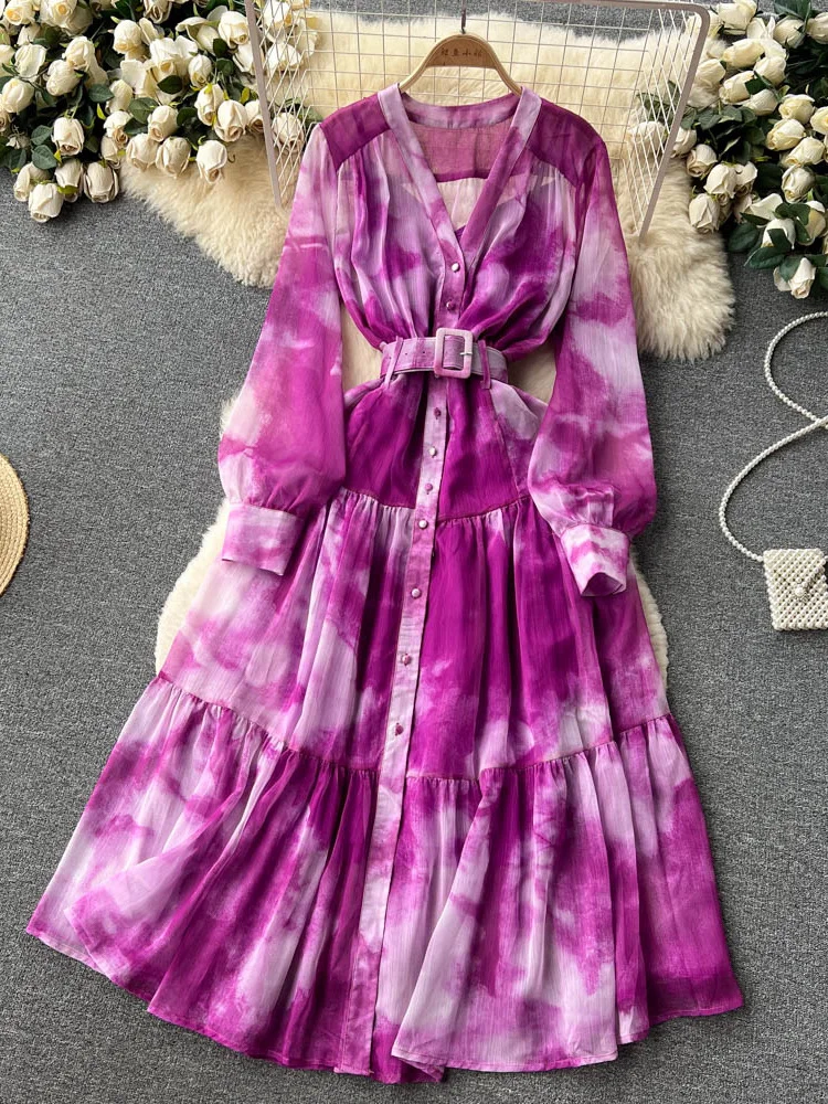 

Женское асимметричное шифоновое платье, винтажное однобортное облегающее платье-трапеция синего/фиолетового/желтого цвета с V-образным вырезом, весна-осень