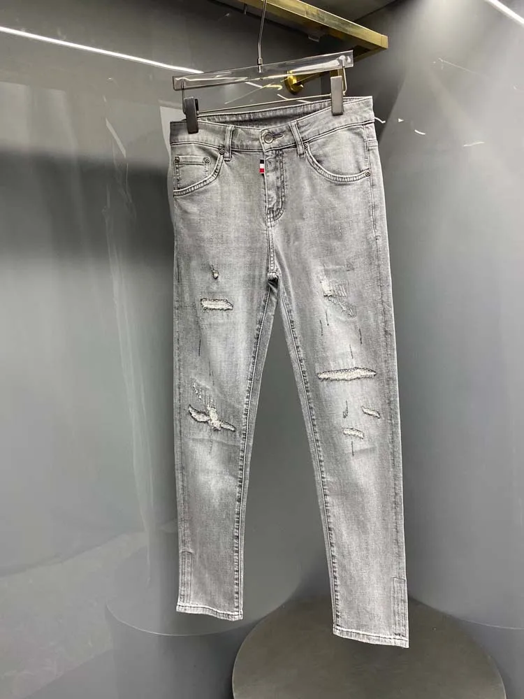 

TB THOM Men's Destroyed Raw Hem Jeans Ripped Hole Boyfriend Quality Denim Pants Luxury Brand Washed Frayed Denim Jeans For Man