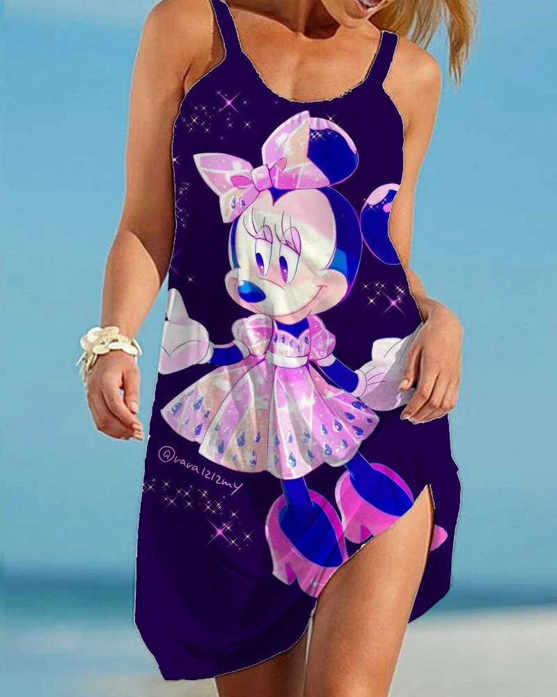 

Summer Chiffon Dress Women Disney Minnie Mickey Mouse Print Ruffles Mini Dress Casual Loose Beach Party Street Short Sundress