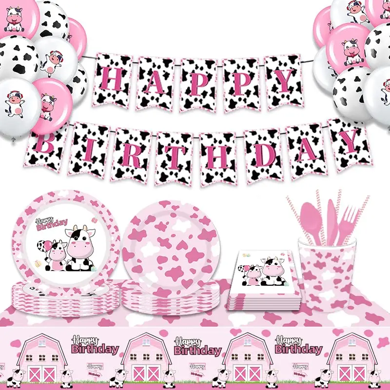 

Pink Farm Birthday Party Decoration Tableware Cow Print Themed Banner Tablecloth Plates Cups Farm Animals Balloons Foil Latex