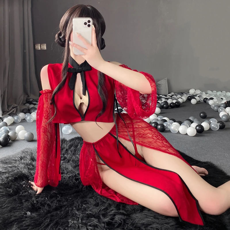 Sexy Chinese Retro Beauty Dance Costume Hollow Open Bust Top High Split Skirt Lace Erotic Lingerie Ancient Transparent Nightwear
Sexy Chinese Retro Beauty Dance Costume Hollow Open Bust Top High Split Skirt Lace Erotic Lingerie Ancient Transparent Nightwear