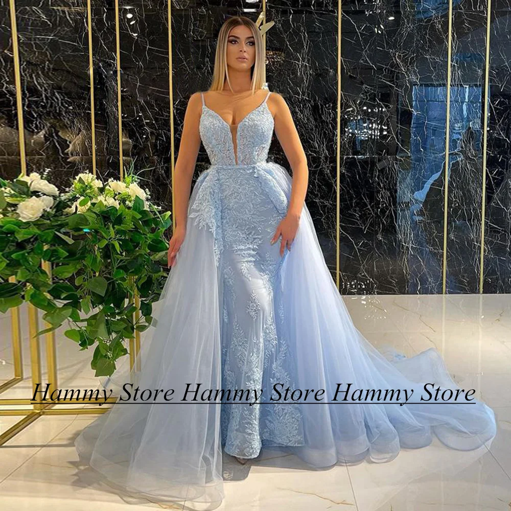 Sky Blue Mermaid Evening Dresses with Detachable Tulle Skirt Sexy Spaghetti Staps V Neck Applique Sweep Train Party Prom Gown
Sky Blue Mermaid Evening Dresses with Detachable Tulle Skirt Sexy Spaghetti Staps V Neck Applique Sweep Train Party Prom Gown