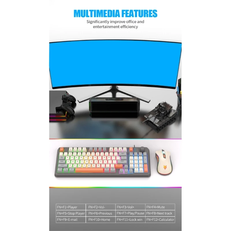 

94 Keys Layout Gaming Keyboard and Mouse Combo Colorful Lighting 3 Color Matching Keycap USB with volume Knob