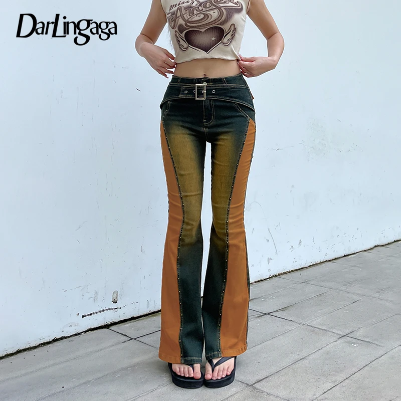 

Darlingaga Fairycore Patchwork Belt Y2K Flare Jeans Female Grunge Vintage Skinny Low Rise Pants Rivet Distressed Denim Trousers