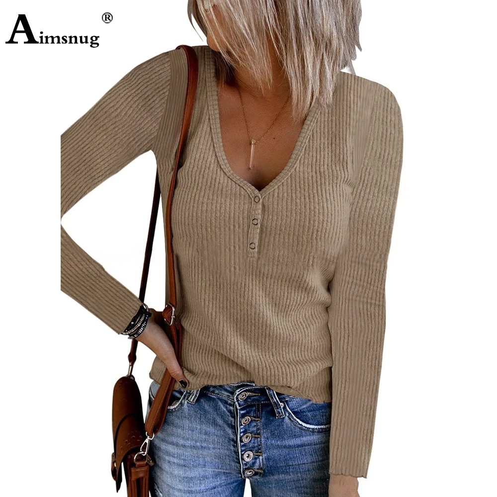 

Aimsnug Plus Size Women Fashion Leisure Tops Long Sleeve Pullovers 2022 Sexy V-Neck T-shirt Casual Knitted Shirt Clothing 5XL