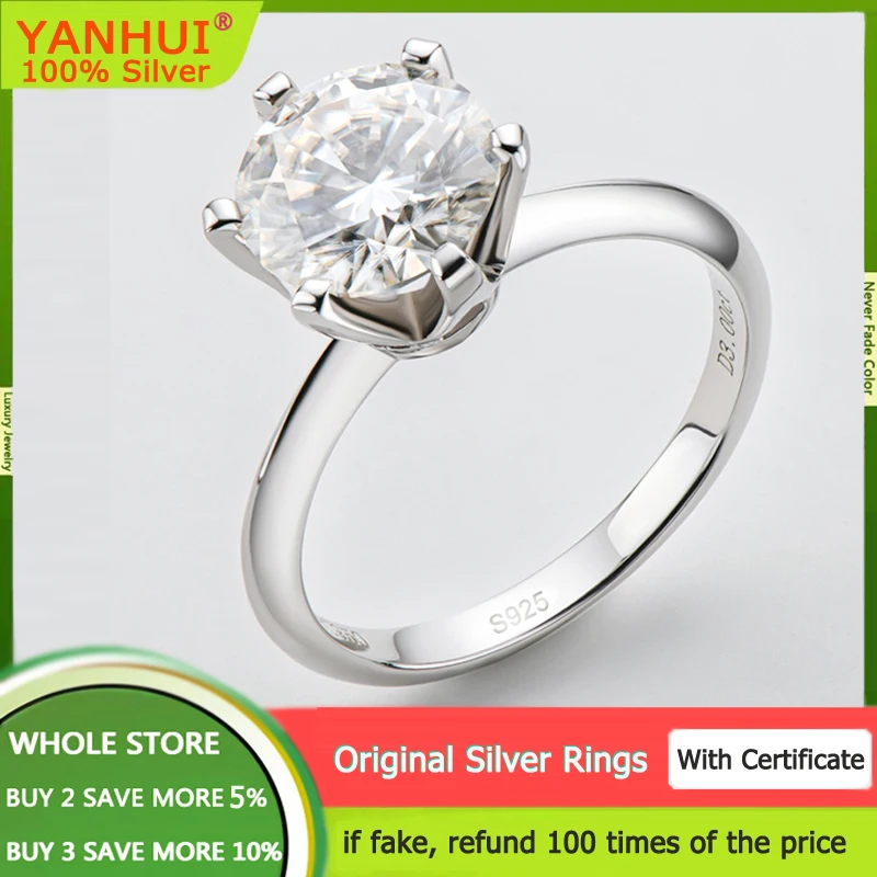 

YHAMNI Moissanite Diamond Ring Original Solid 925 Silver Engagement Ring Classic Round Women's Wedding Gift Size 0.5/1.0 Carat
