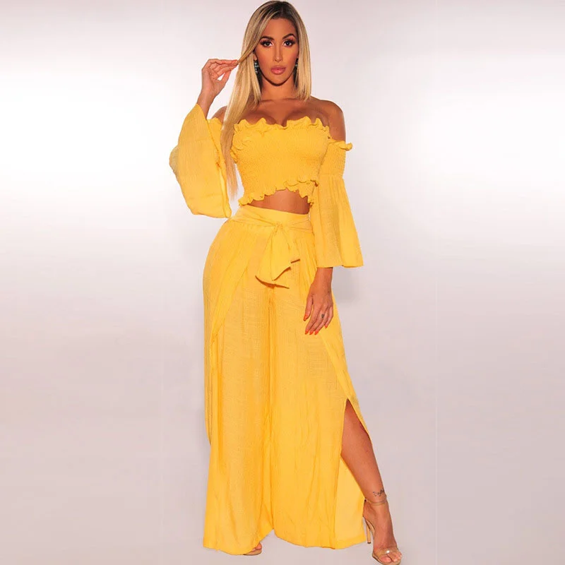 WUHE Yellow Autumn Women 2 Piece Set Flare Long Sleeve Strapless Tops and High Side Split Wide Leg Pants Set Tracksuit Outfits
WUHE Yellow Autumn Women 2 Piece Set Flare Long Sleeve Strapless Tops and High Side Split Wide Leg Pants Set Tracksuit Outfits