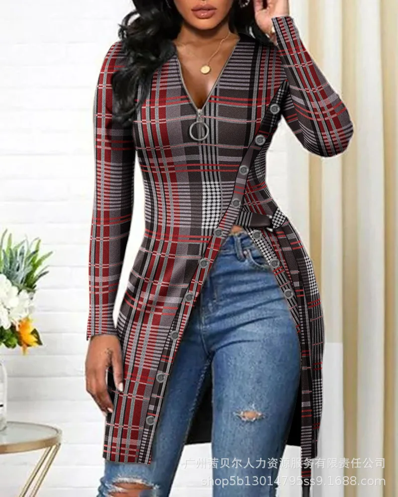 Tops for Women Blouse Print Long Sleeve Zipper Design Side Slit Button Top Hollow Out O Neck Casual Shirts 2021
Tops for Women Blouse Print Long Sleeve Zipper Design Side Slit Button Top Hollow Out O Neck Casual Shirts 2021