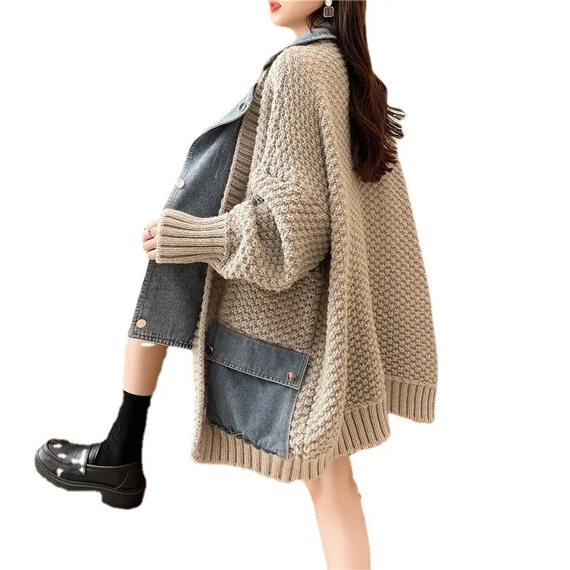 Cardigan Sweater Women Thick Fake Denim Coat Female Turn-Down Collar Outerwear Lady Patchwork Pockets Knitwear pull femme luxe
Cardigan Sweater Women Thick Fake Denim Coat Female Turn-Down Collar Outerwear Lady Patchwork Pockets Knitwear pull femme luxe