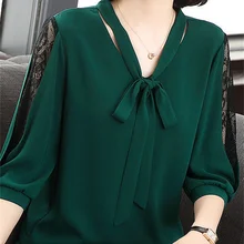 Women Spring Summer Style Blouses Tops Lady Casual Bow Tie Colloar Half Lace Sleeve Loose Blusas Tops DF4275