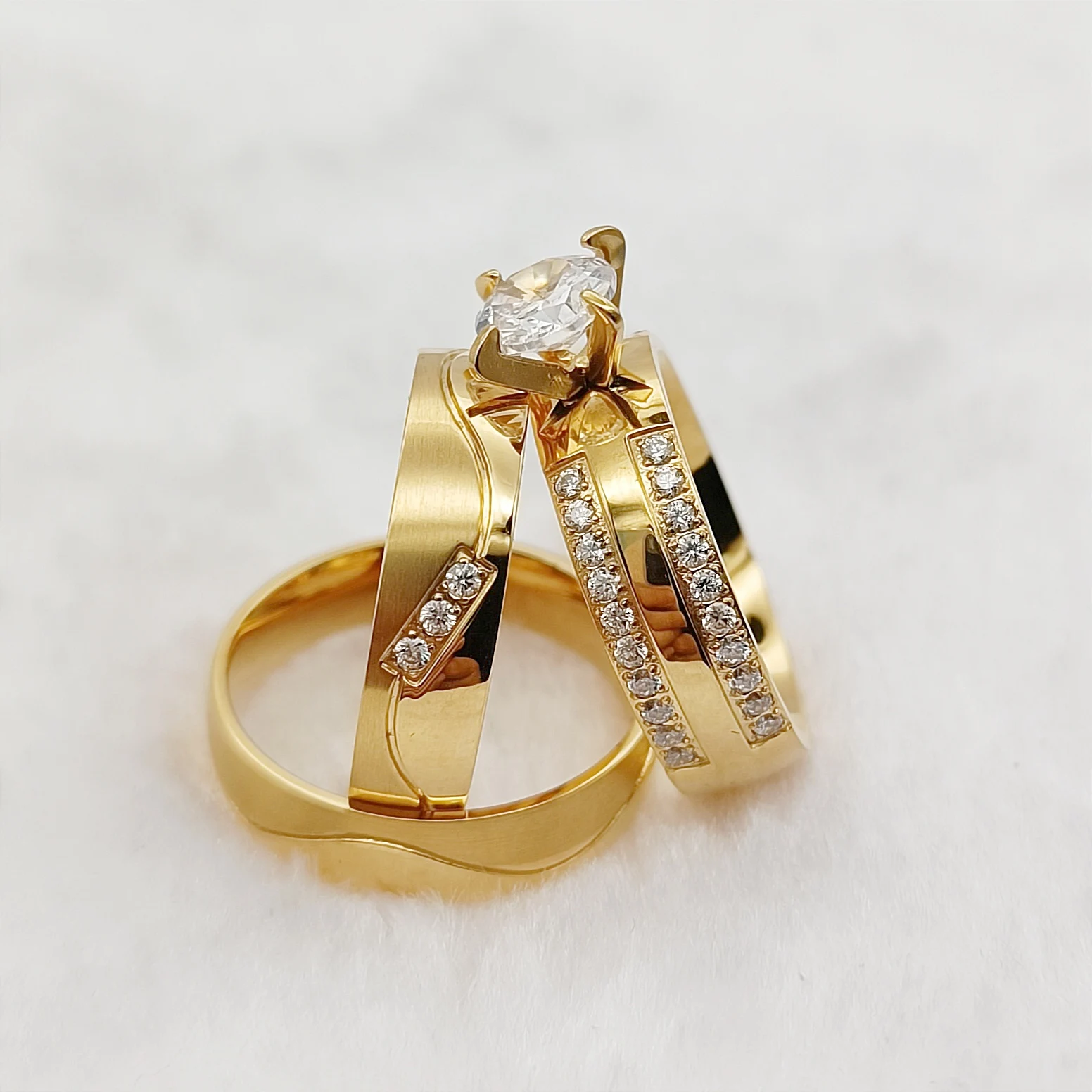 

3pcs Bridal Promise Wedding Engagement Rings Sets For Couples Designer Statement 24k Gold Plated Jewelry Ring