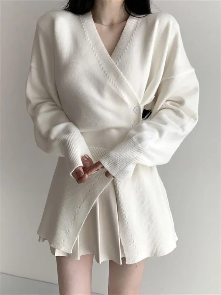 

Korean Knitted Cardigans Women Winter Asymmetric Waist Sweater Lady Fashion Chic V-neck Long Sleeve Knitwear Slim Button Sweater