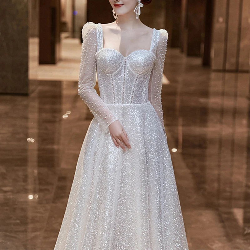 Женское платье-макси с блестками, Белое Облегающее Платье с квадратным вырезом и высокой талией, весна-лето 
Женское платье-макси с блестками, Белое Облегающее Платье с квадратным вырезом и высокой талией, весна-лето