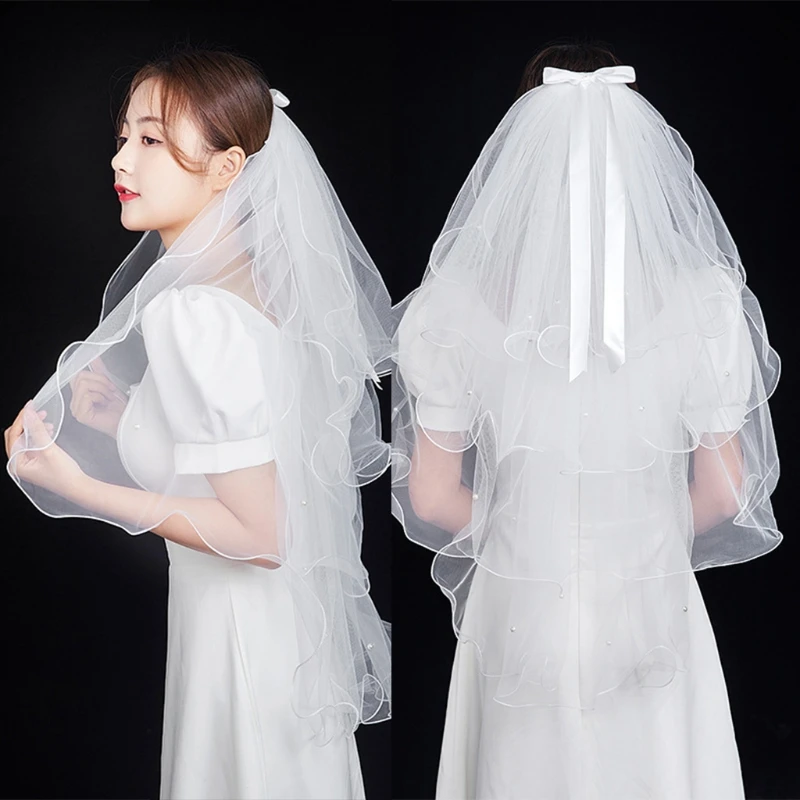 

4 Layers Bridal Veil with Comb White Tulle Ribbon Bow Adornment Short Elbow Length Sheer Veils Headdress for Wedding