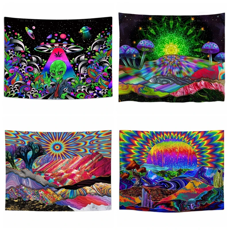 

Alien Cool Magical Psychedelic Mushroom UFO Colorful Sun Hippie Trippy Mountain Abstract Trees Nature Landscape Tapestry