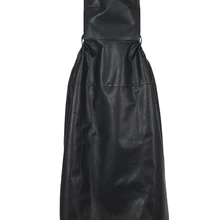 [EAM] Women Apricot PU Leather Big Size Spaghetti Strap Dress New Square Collar Loose Fit Fashion Spring Autumn 2023 1DF480401