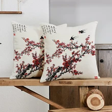 Chinese Ink Painting Design Pillowcase Calligraphy Throw Pillow Case linen Cushion Cover Oriental Flavor Room Sofa Decor 18x18in