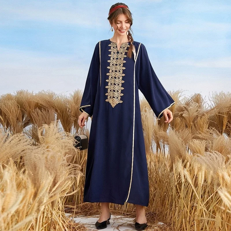 

Moslem Applique Splicing Robe Embroidered Half Open Collar Long Sleeve Loose Waist Large Hem Skirt Long Dress