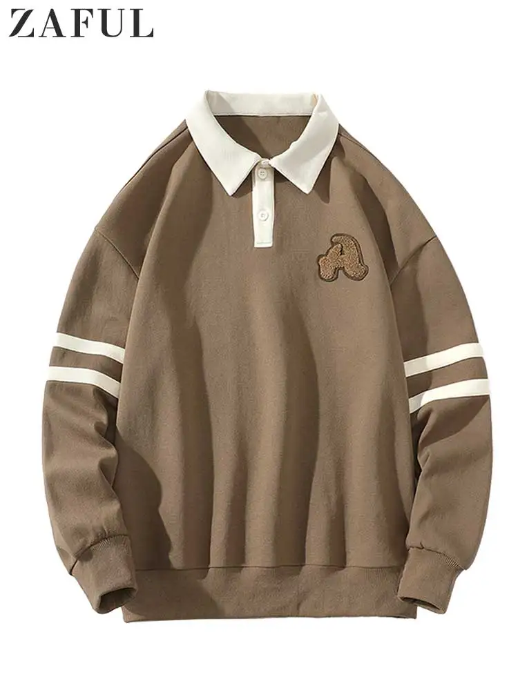 

ZAFUL Hoodie for Men Colorblock Striped Letter Applique Sweatshirt Polo Collar Streetwear Pullover Unisex Preppy Style Jumper