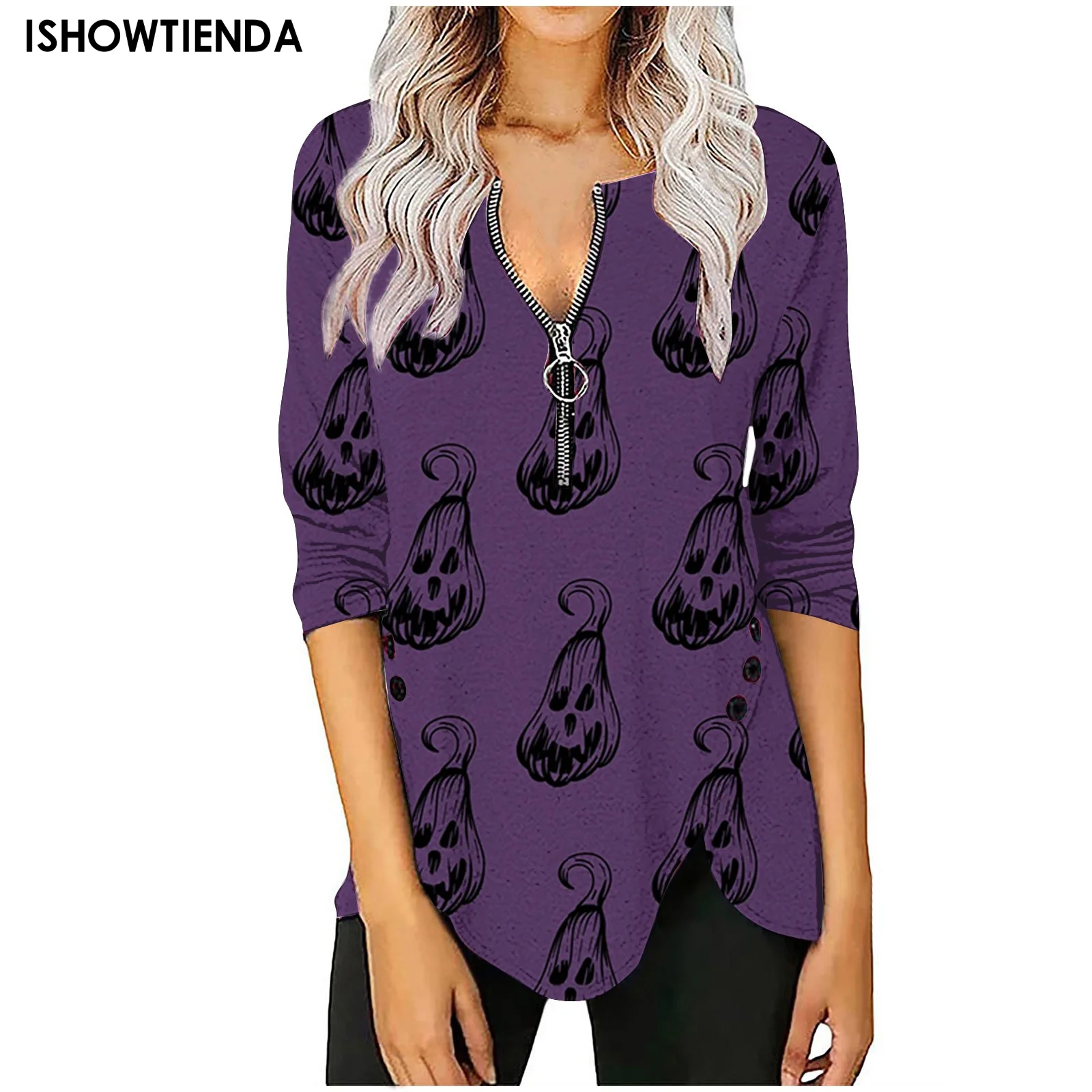 Women's Top V Neck Halloween Print Zip Long Sleeve T-shirts Casual Women Long Sleeve Loose Tee Tops Irregular Button-down Top
Women's Top V Neck Halloween Print Zip Long Sleeve T-shirts Casual Women Long Sleeve Loose Tee Tops Irregular Button-down Top