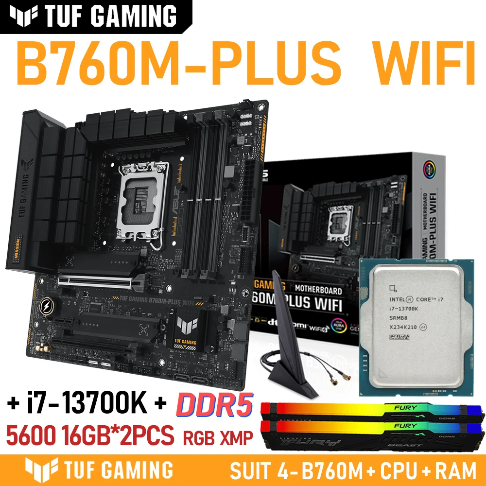 

LGA 1700 Core i7 13700K CPU With ASUS TUF GAMING B760M PLUS WIFI Motherboard DDR5 RAM 5600MHz 16GB *2pcs RGB Overclocking New