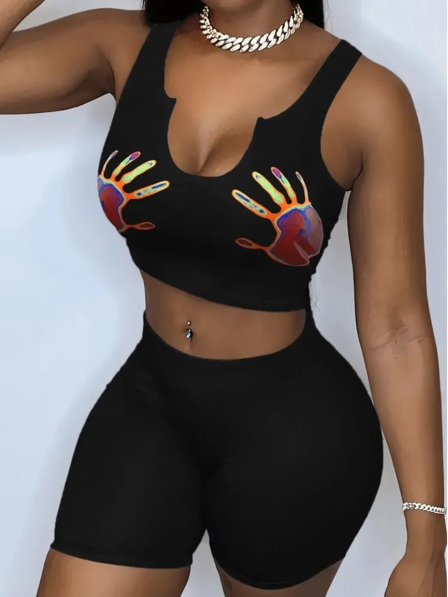 LW Palm Print 2pcs Matching Suits Sleeveless U Neck Hand Printing Crop Top& Plain Elastic Waist Skinny Shorts Set
LW Palm Print 2pcs Matching Suits Sleeveless U Neck Hand Printing Crop Top& Plain Elastic Waist Skinny Shorts Set