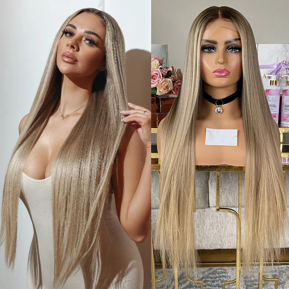 

30"Long Silky Straight Lace Front Wig 13x6 Medium Brown Roots Ombre Human Hair Wig Ash Blonde HD Transparent Lace Wig Preplucked