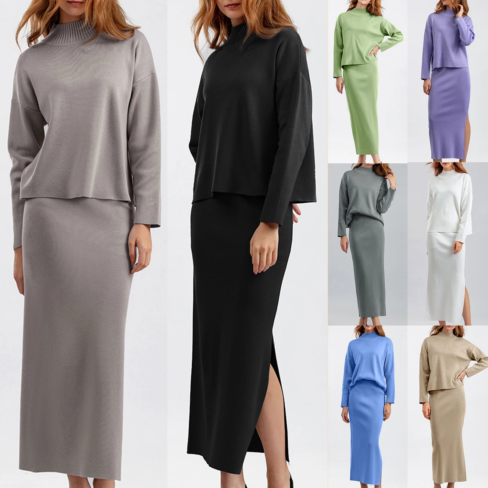 Ladies Long Sleeve Sweater Maxi Skirt Side Slit High Collar Casual 2 Pieces Long Skirt Set Solid Color Loose Fit Vacation Outfit
Ladies Long Sleeve Sweater Maxi Skirt Side Slit High Collar Casual 2 Pieces Long Skirt Set Solid Color Loose Fit Vacation Outfit