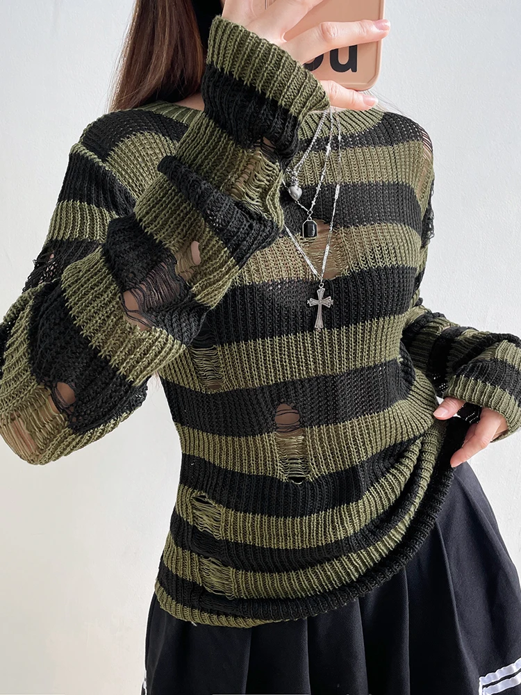 

Y2K Fairycore Grunge Hole Distressed Sweater Tops Vintage Stripe Ripped Pullover Knitting 90s See Through Jumpers New