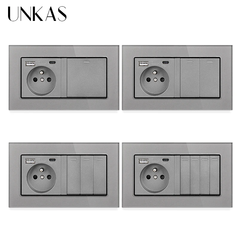 UNKAS Gray Type C USB Port French Standard Socket 1 2 3 4 Gang 1 / 2 Way On / Off Push Button Grey Tempered Glass Panel Outlet
UNKAS Gray Type C USB Port French Standard Socket 1 2 3 4 Gang 1 / 2 Way On / Off Push Button Grey Tempered Glass Panel Outlet