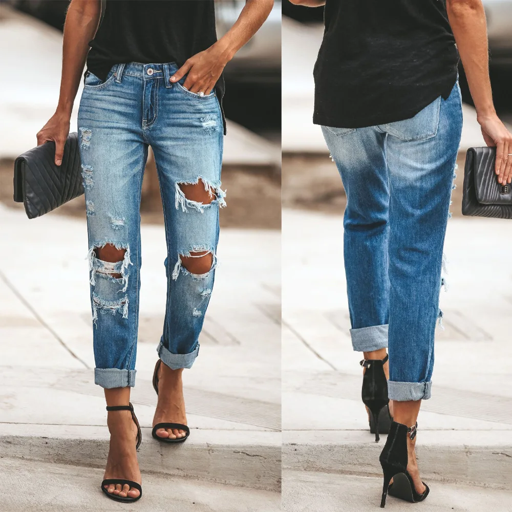 Women's Straight Hole Ripped Cotton Jeans Washed Mid-Waisted Demin Blue Streetweaar Pants Pantalones De Mesclilla Para Mujer
Women's Straight Hole Ripped Cotton Jeans Washed Mid-Waisted Demin Blue Streetweaar Pants Pantalones De Mesclilla Para Mujer