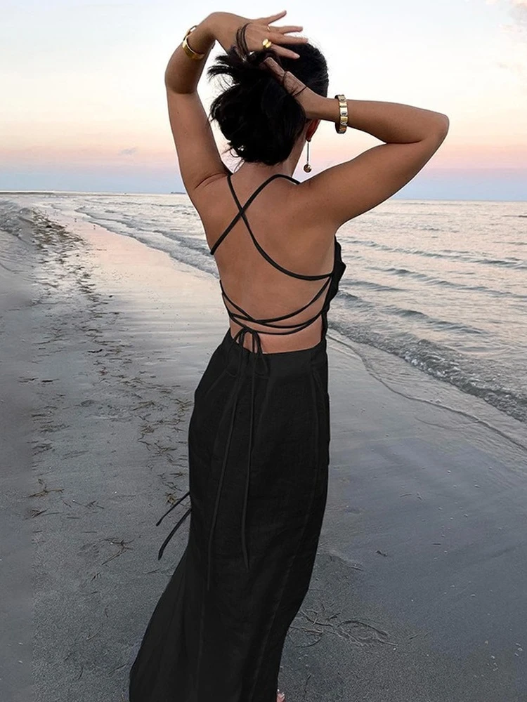 Backless Midi Dress Black Elegant Chic Bandage Sleeveless Beach Dresses For Women Summer Sexy Halter Split Club Party Dress 2022
Backless Midi Dress Black Elegant Chic Bandage Sleeveless Beach Dresses For Women Summer Sexy Halter Split Club Party Dress 2022