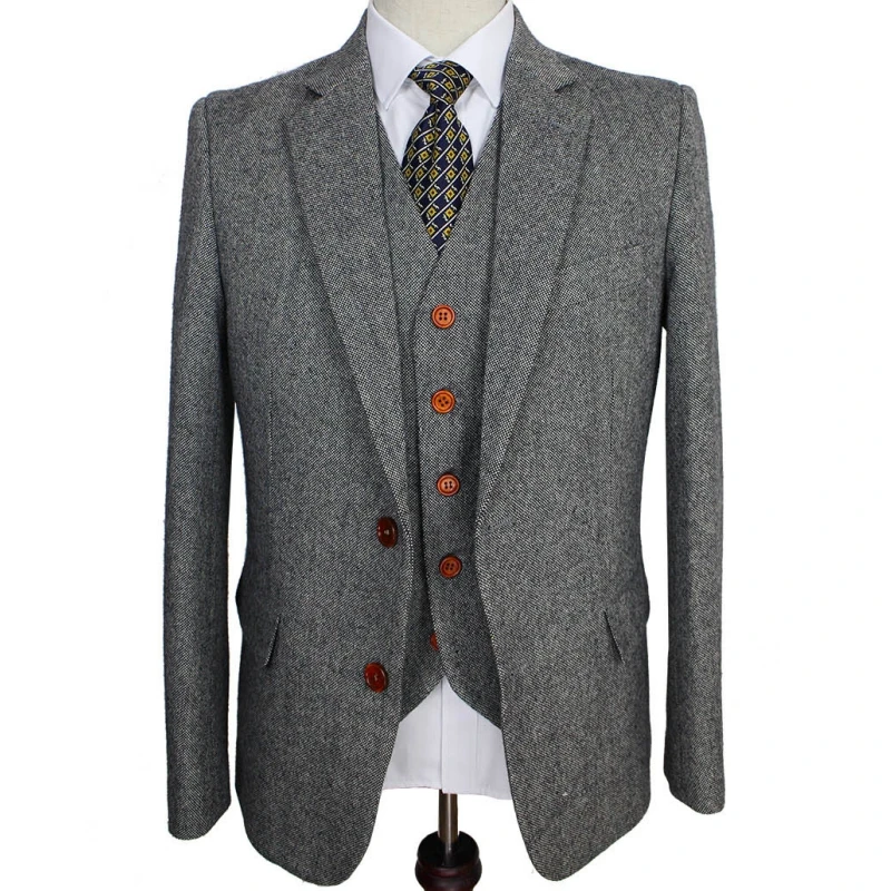 

Lansboter Grey Retro Gentleman Style Classic Tweed Tailor Wedding Suits Men Custom Made Slim Fit Blazer 3Pcs Jacket Pants Vest