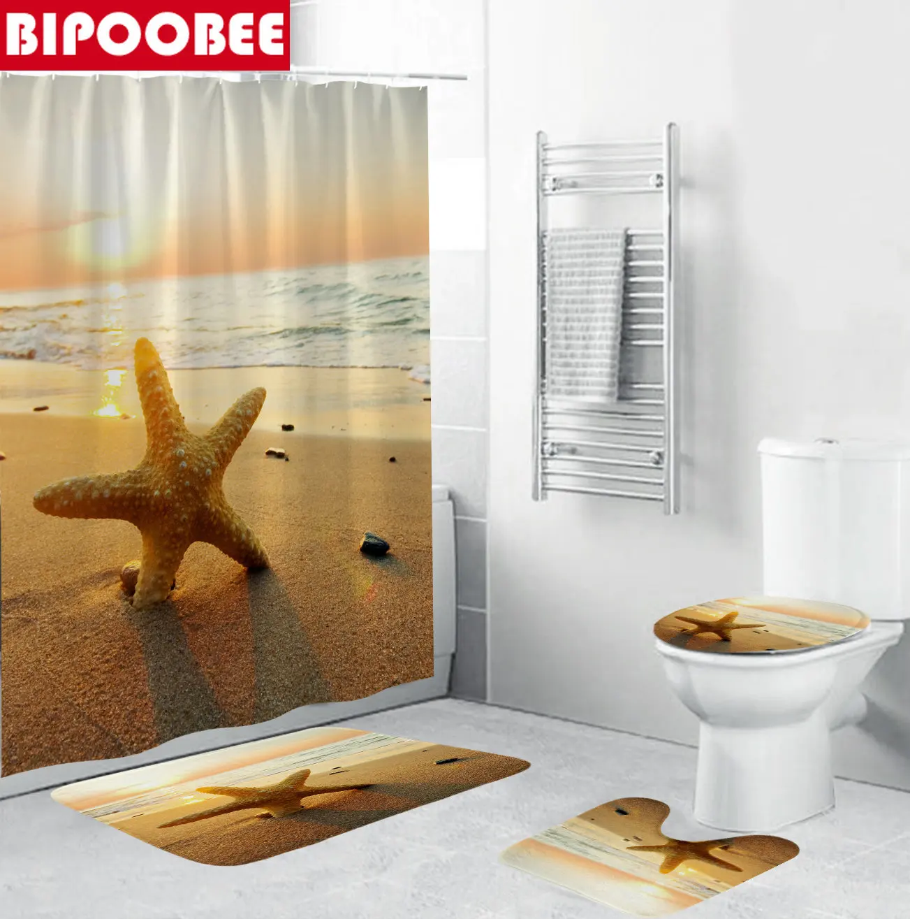 

Dusk Ocean Beach Shower Curtain Sunrise Coastal Scenery Bath Mat Set Toilet Lid Cover Non-Slip Rugs Starfish Bathroom Curtains