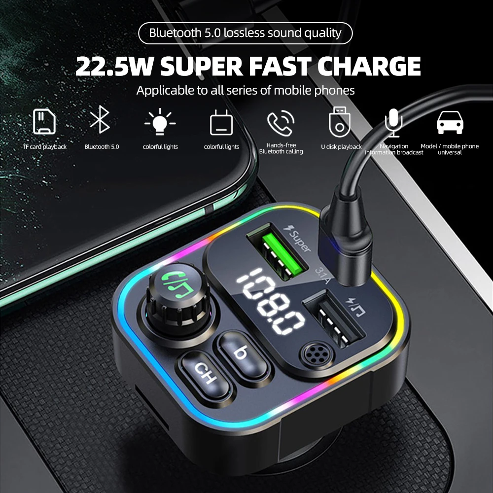 

USB 22.5W Car Charger Fast Charging Bluetooth Wireless Handsfree Radio Adapter FM Transmitter With Type-C Charger Fm Modulator
