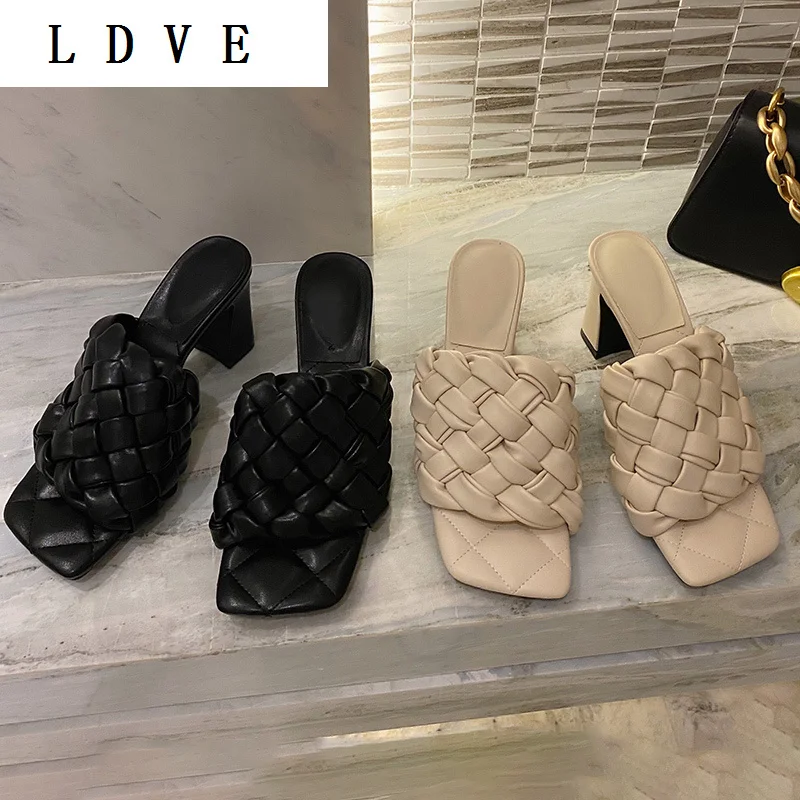 

Fashion Solid PU Weaving Open Toe Square High Heel Women Mules Concise Slip-On Outdoor Slipper Zapatos De Mujer 2022 NEW