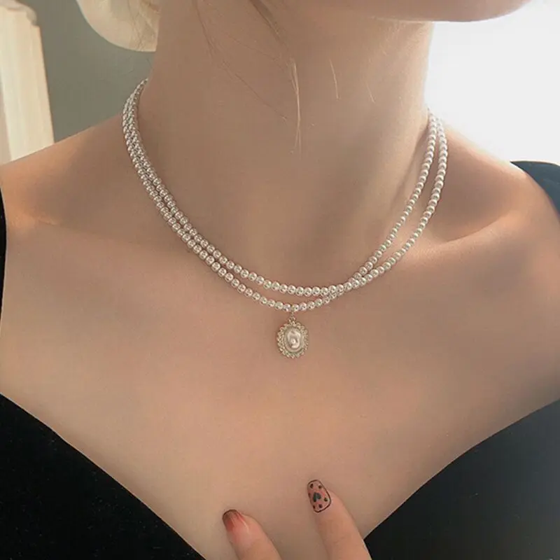 

Korean Style New Geometric White Shell Pearl Pendant Necklace Gold Plated Double Layer Bead Pearl Necklace necklace for women