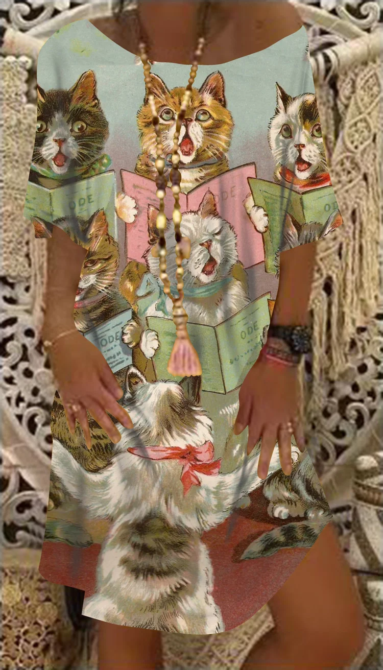 

Женское платье-топ с открытыми плечами, элегантное Привлекательное платье до колена с круглым вырезом и 3D-принтом котенка, лето 2023