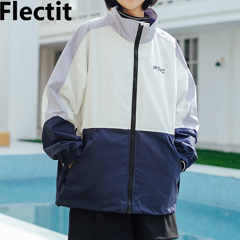 

Flectit Windbreaker Jacket Women Color-Block Zip Up Oversized Lightweight Jacket Coat Outerwear