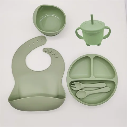 Детский силиконовый обеденный набор из 6 предметов, включая миску с ложкой, вилкой, ножом и тарелкой для младенцев