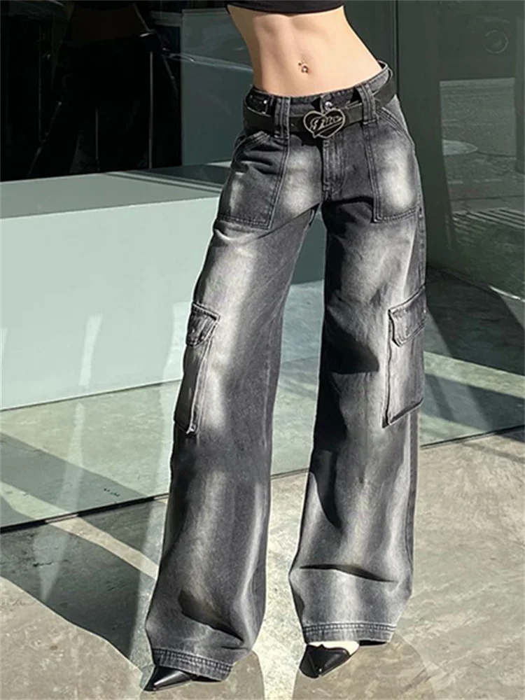 

2023 новые винтажные мешковатые джинсы с низкой талией женские прямые широкие брюки Harajuku Y2K свободные джинсовые брюки с карманами в Корейском стиле