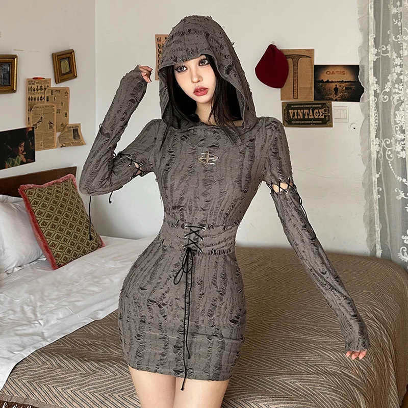 Женское винтажное платье в стиле Харадзюку, готическое платье-мини с капюшоном и шнуровкой, сексуальное платье в стиле ретро 90-х, Y2k