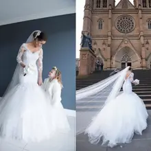 Sexy Vestido De Noiva Cheer Train Lace Mermaid Wedding Dresses 2022 V Neck Tulle Wedding Bridal Gowns Sweep Train Wedding Gowns