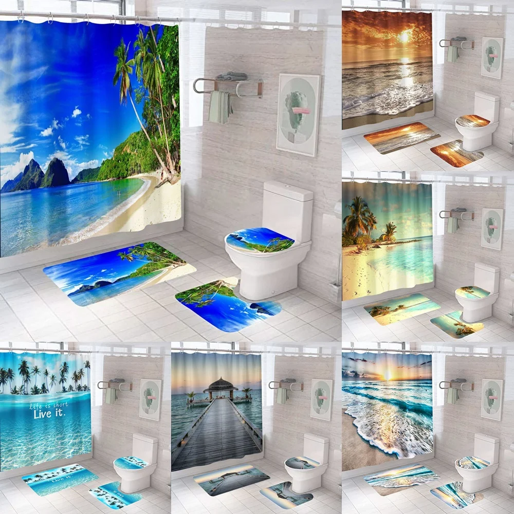 

Tropical Ocean Landscape Shower Curtain Sets Coconut Tree Beach Blue Sea Scenery Bathroom Curtain Bath Mats Rug Toilet Lid Cover