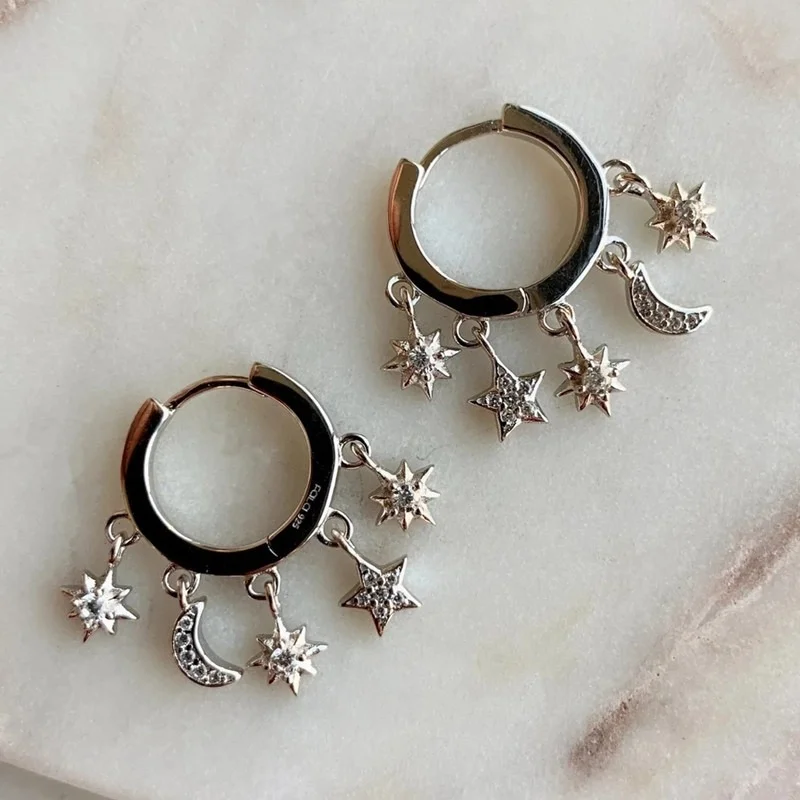 2022 New Luxury Shiny Silver Color Round Mini Earrings Hanging Star Moon Set Zircon Women's Earrings Jewelry Drop Earrings
2022 New Luxury Shiny Silver Color Round Mini Earrings Hanging Star Moon Set Zircon Women's Earrings Jewelry Drop Earrings