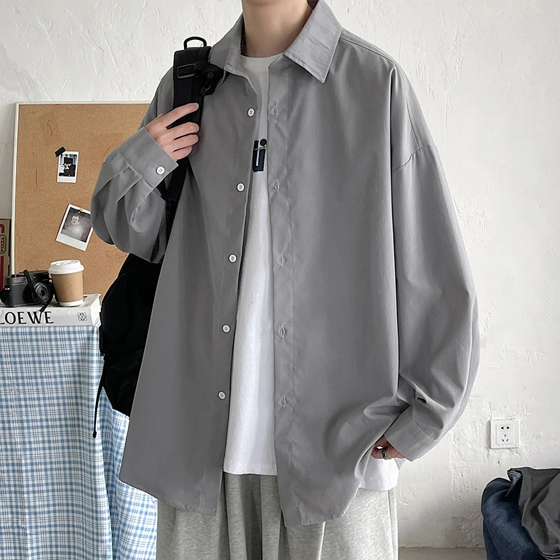 

Hybskr Autumn New Long Sleeve Shirt Man Loose Korean Trend Turn Down Collar Blouse Solid Single Breasted Man Street Shirt M-5xl