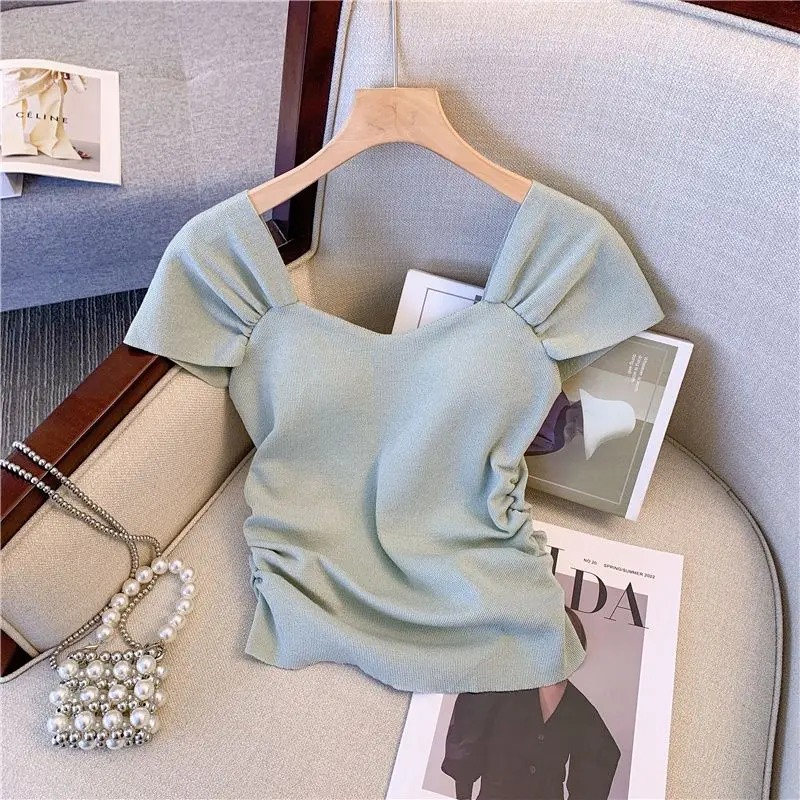 Spicy Girl Square Neck Short Sleeve Summer Splice Pleated Slim Fit Knitted Shirt with Chest for Women
Spicy Girl Square Neck Short Sleeve Summer Splice Pleated Slim Fit Knitted Shirt with Chest for Women