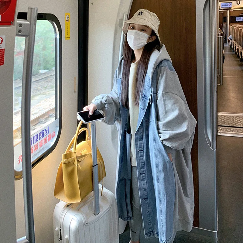 Medium and long hooded coat women's new lazy wind jacket casual denim stitching trench coat cardigan
Medium and long hooded coat women's new lazy wind jacket casual denim stitching trench coat cardigan