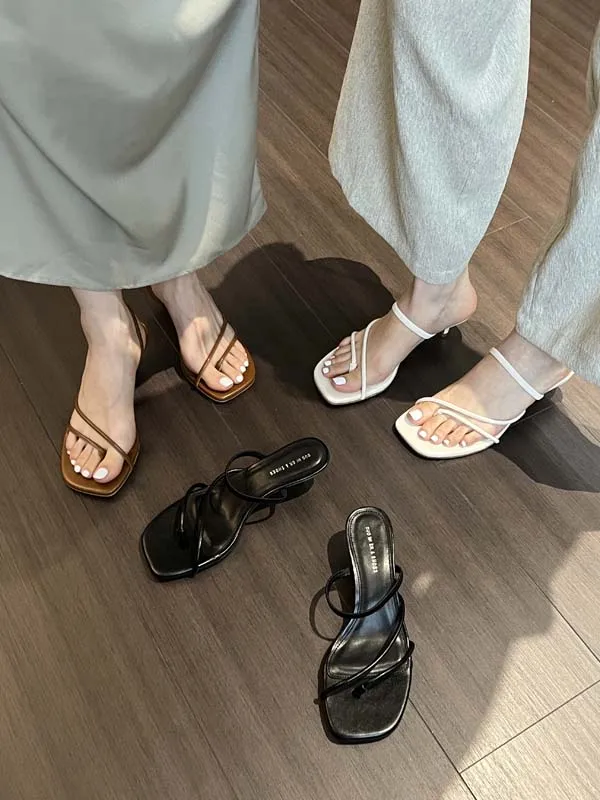 

Slippers Women Summer Square Toe Shoes Slides Rubber Flip Flops Heeled Mules Cross-Tied Pantofle Med Hawaiian High 2023 Thin PU
