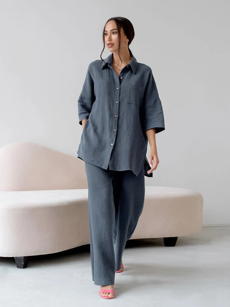 Hiloc Three Quarter Sleeve Cotton Sleepwear Single-Breasted Pocket Pajama Women Long Sleeve Home Suit Solid Lapel Loose Sets
Hiloc Three Quarter Sleeve Cotton Sleepwear Single-Breasted Pocket Pajama Women Long Sleeve Home Suit Solid Lapel Loose Sets